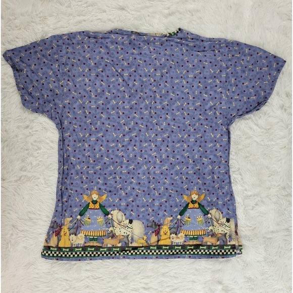 Scrub Top Size M Dog Angel Print V-Neck Short Sleeve Blue - Picture 2 of 5